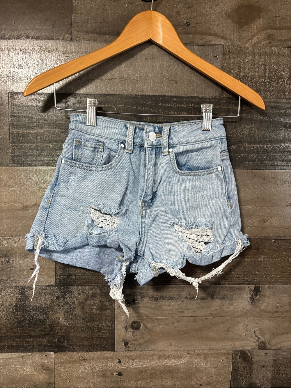PacSun Light Blue Ripped High-Rise Denim Mom Shorts Teen 22”